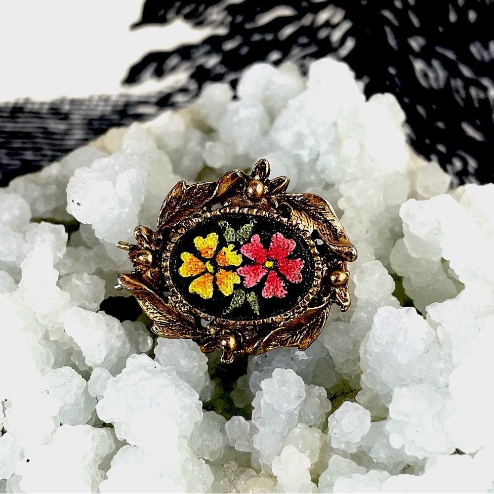 🖤 Vintage Barrette 🖤 Unique Brass Hair Clip Glass Flowers Folk Gold Black 🌼🌺